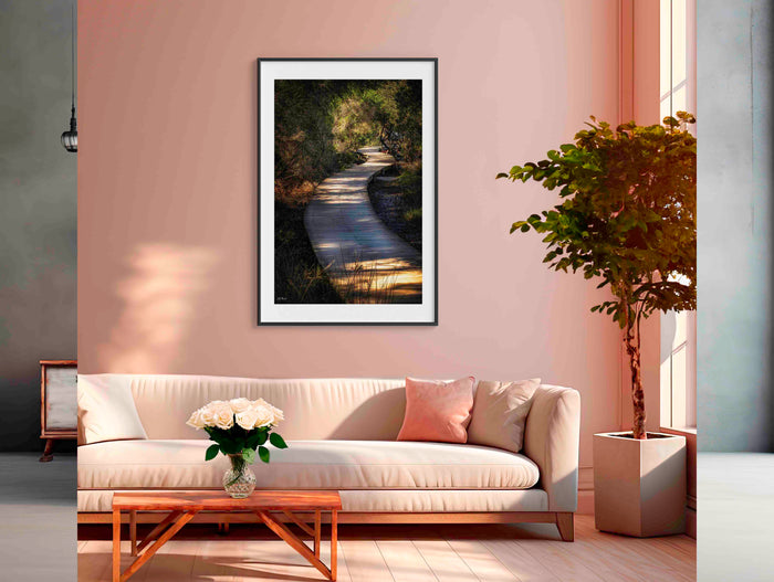 Merimbula Boardwalk Two wall art — lake view from boardwalk, golden hour NSW