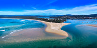 Merimbula beach, lake and township aerial panorama, NSW Sapphire Coast photography