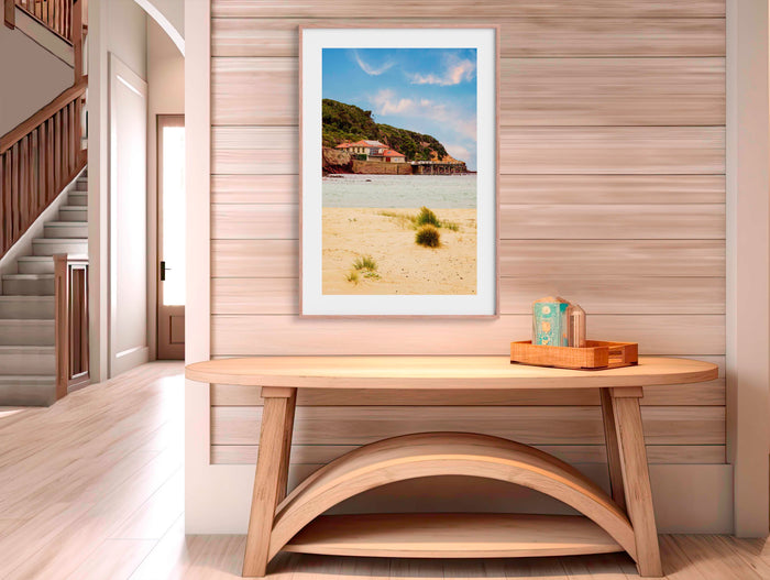 Merimbula Wharf from Main Beach colour wall art — heritage wharf with terracotta roof, NSW