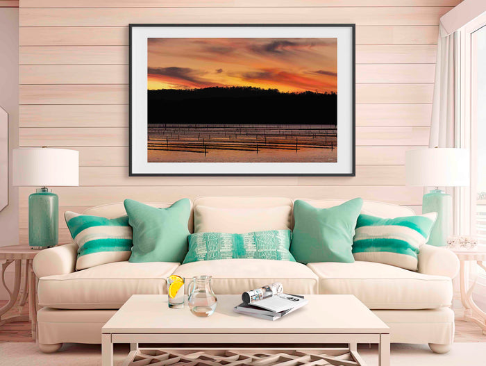 Top Lake Merimbula sunset print, oyster lease frames in golden water