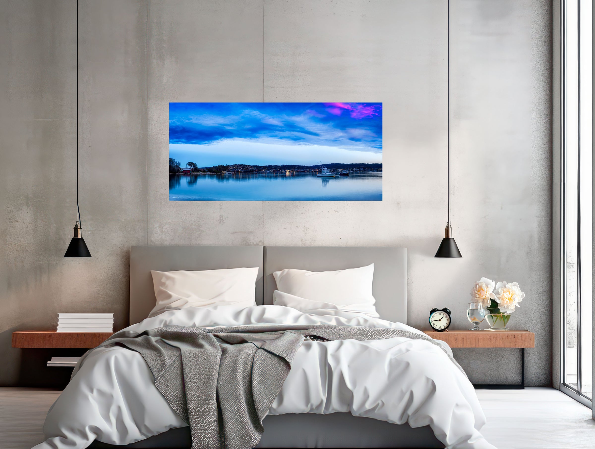 Dawn Delight Merimbula Lake wide panorama — acrylic wall art, pink sunrise reflection