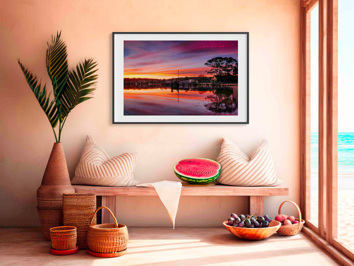 Spencer Park Merimbula wall art — vivid sunset reflected in lake, NSW Sapphire Coast