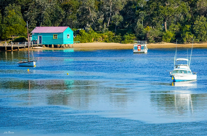 Mitchies Jetty wall art — boats on Merimbula Lake with teal boatshed, NSW Sapphire Coast