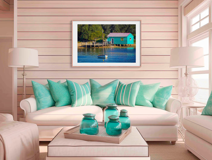 Mitchies Jetty Close Up wall art — teal boatshed on Merimbula Lake, NSW Sapphire Coast