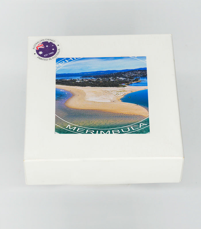 Coaster Set - Merimbula Lake  & Fishpen- Identical Set of Four - ROUND WITH TEXT