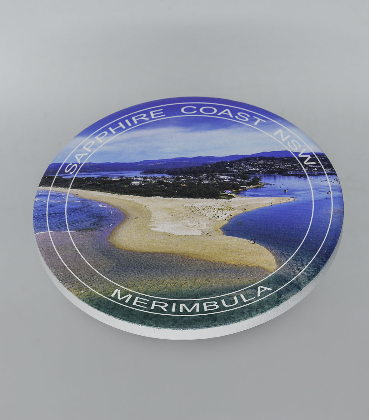 Coaster Set - Merimbula Lake  & Fishpen- Identical Set of Four - ROUND WITH TEXT