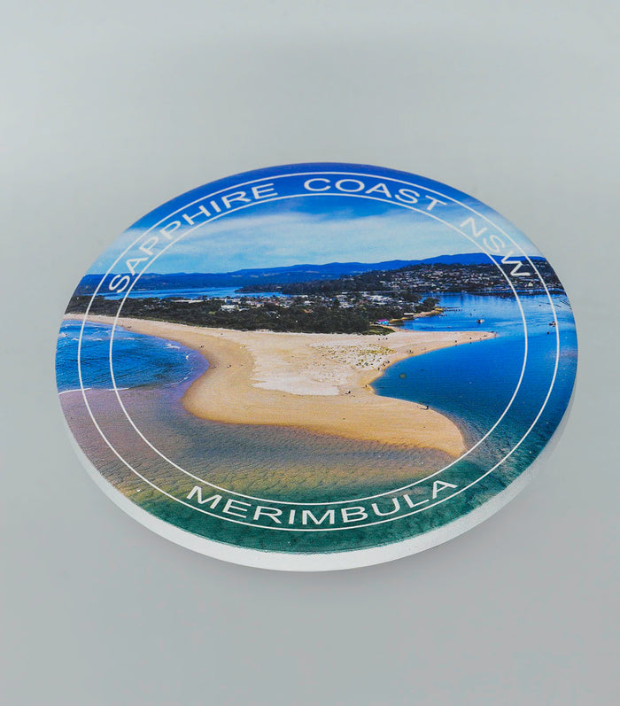 Single Coaster- Merimbula Lake & Fishpen- ROUND WITH TEXT